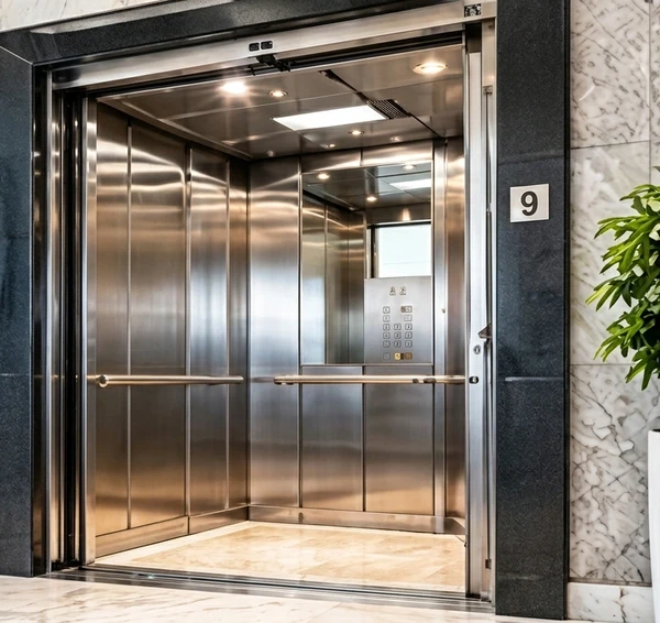 Elevador em inox aberto em uma entrada sofisticada de mármore claro