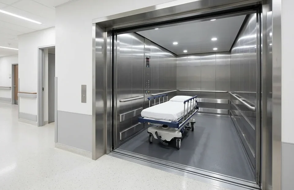Elevador hospitalar amplo em inox com uma maca
