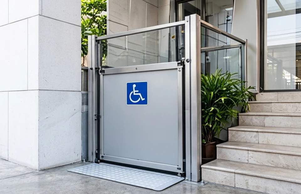 Plataforma cinza junto à escada, com símbolo de acessibilidade