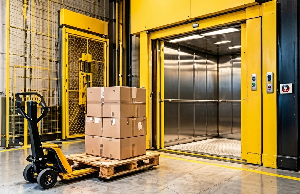 Elevador industrial amarelo com caixas sobre palete e paleteira
