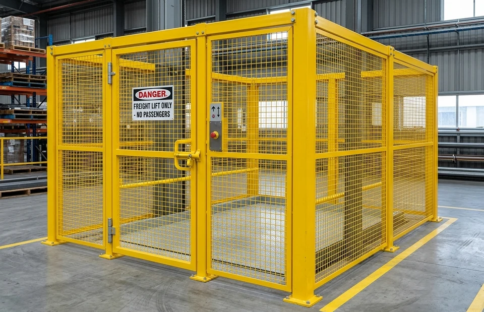 Elevador industrial com grade de proteção amarela