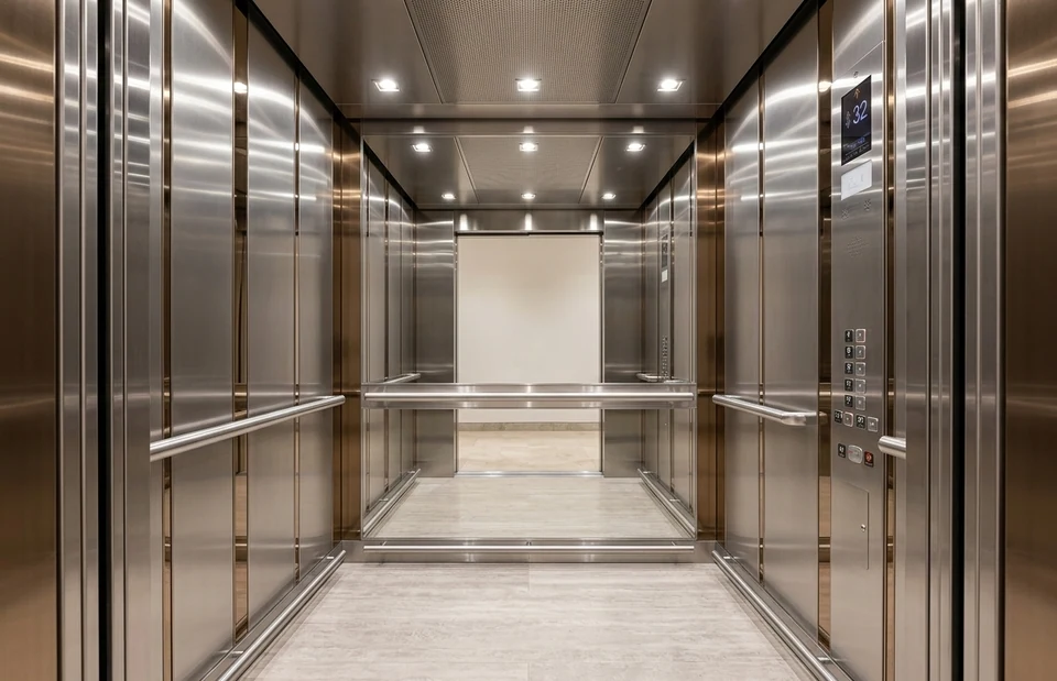 Interior de cabina em inox com espelho e corrimãos