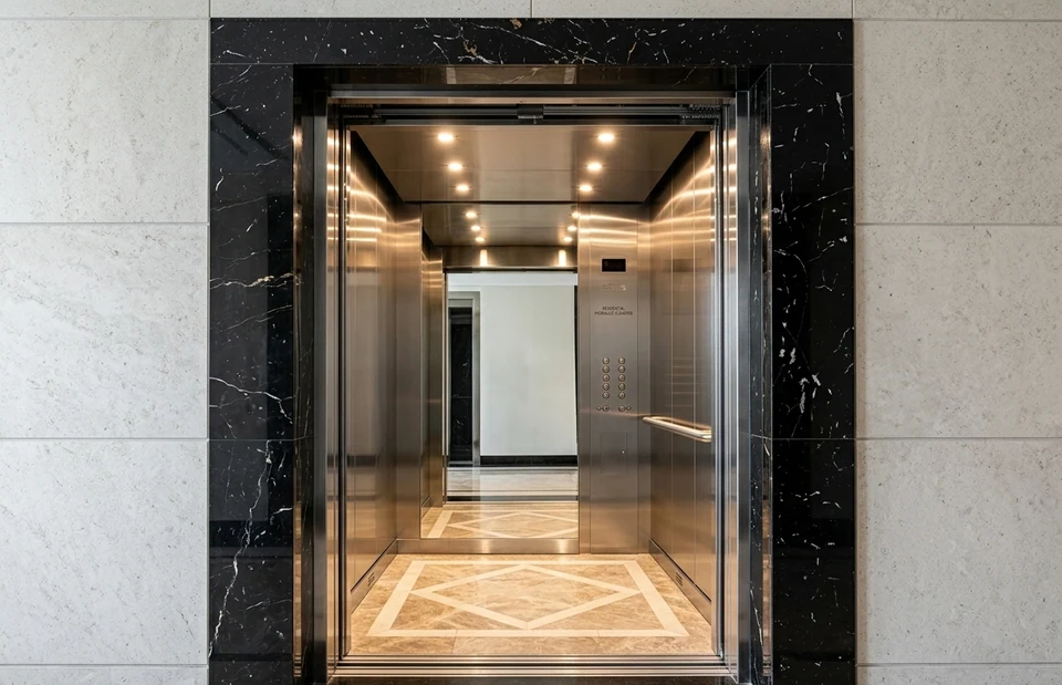 Elevador hidráulico aberto com portal de mármore preto