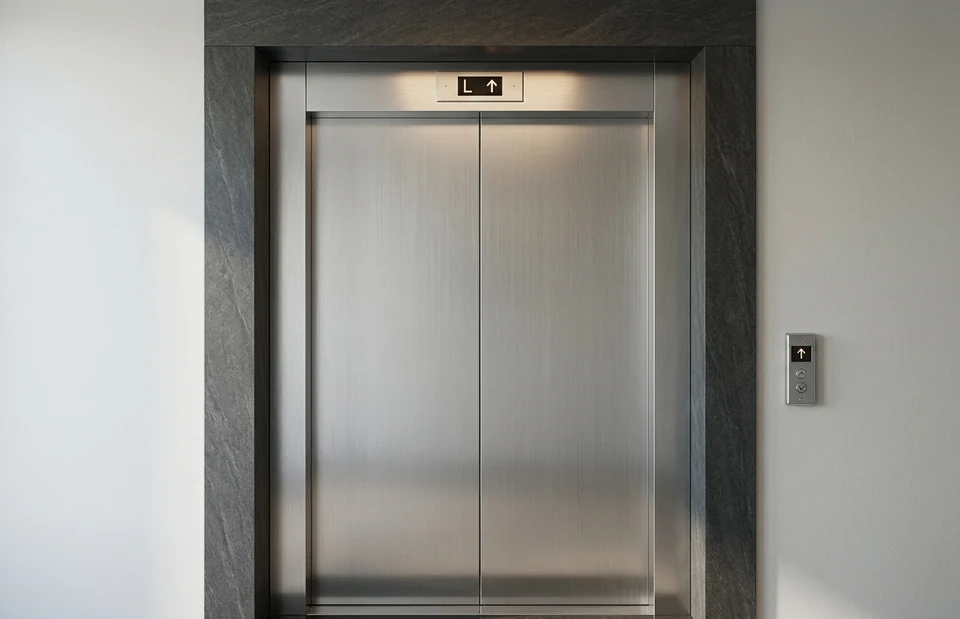 Portas fechadas em inox com acabamento em pedra escura
