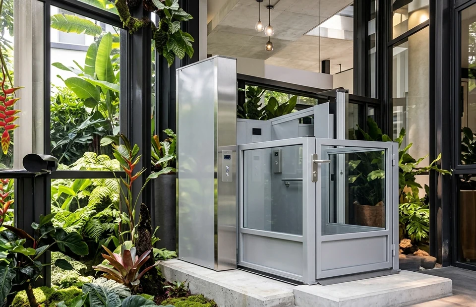 Equipamento compacto de elevação instalado junto a um jardim