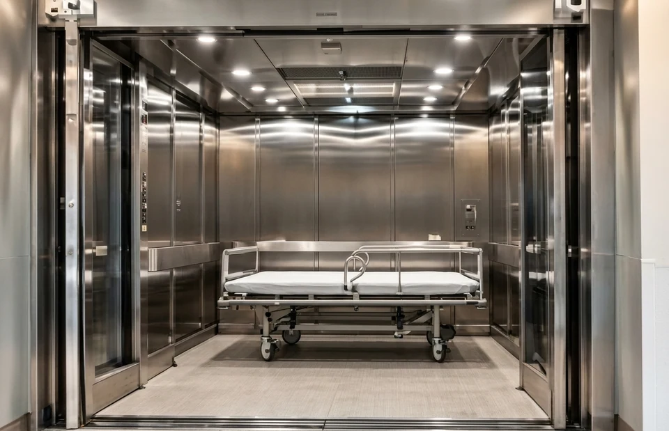 Cabina hospitalar ampla em inox com uma maca
