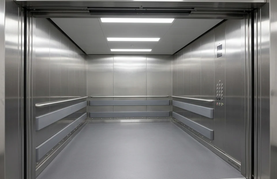 Interior de elevador hospitalar com piso nivelado e paredes em inox