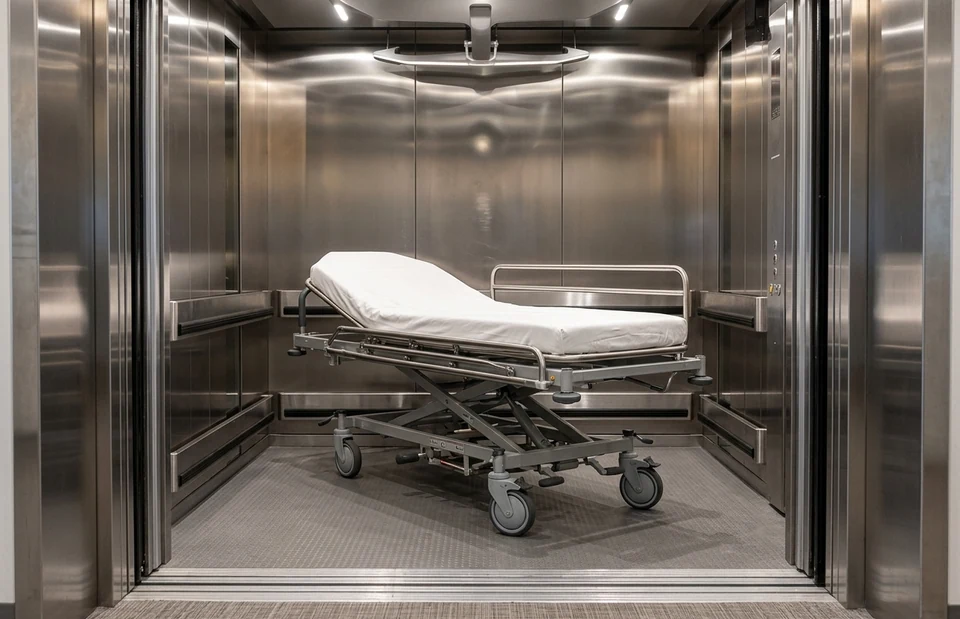 Maca com colchão branco dentro de uma cabina hospitalar