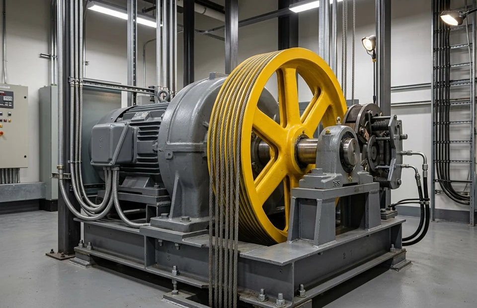 Máquina de tração de elevador com polia amarela e cabos de aço